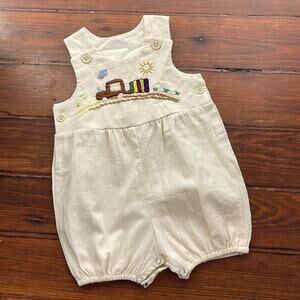 Handmade car train embroidered bubble one piece toddler outfit